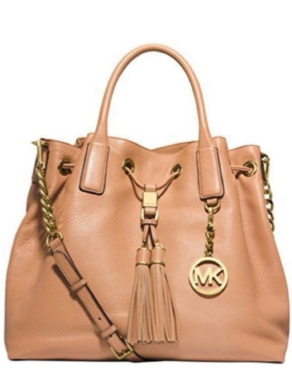 Michael Kors Beige Camden Large Drawstring Leather Shoulder Bag with Tassel